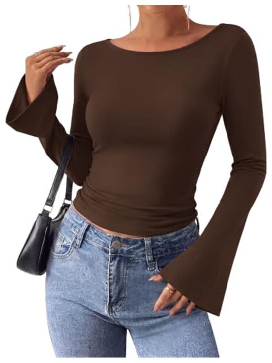 Tops - Women's Bell Sleeve Thermal Top Boat Neck Long Sleeve Fall Shirt